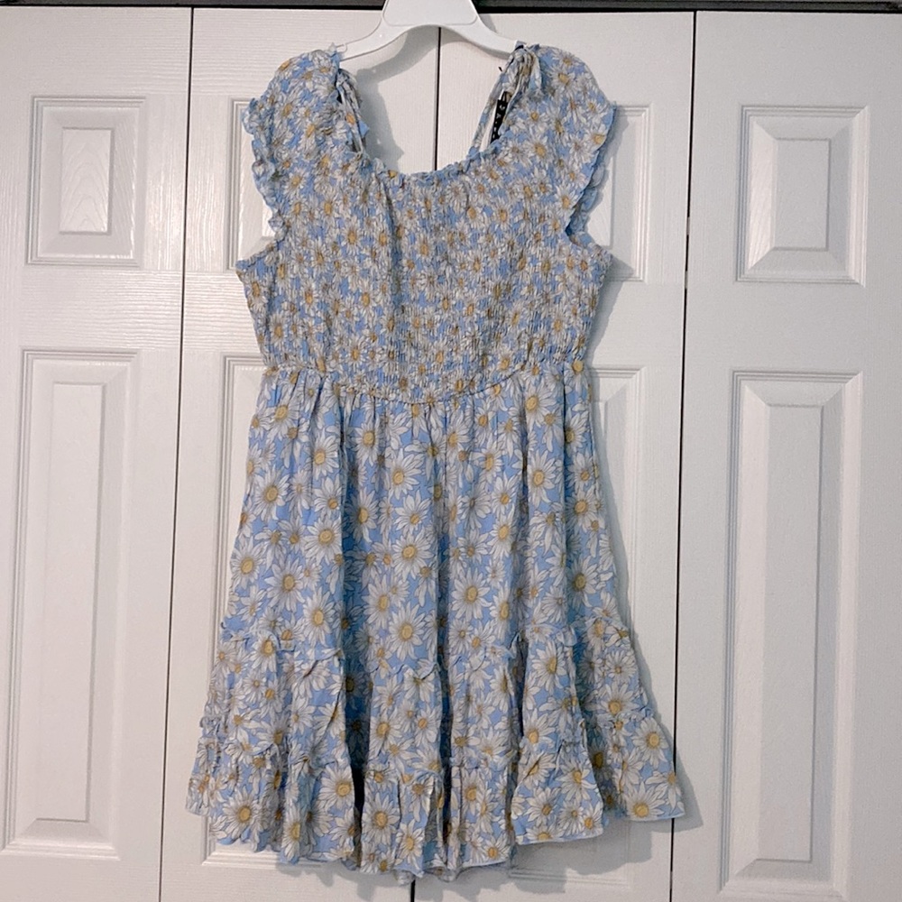Smocked Floral Midi Dress in Light Blue